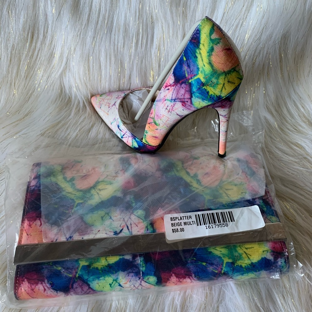 Steve Madden paint Splash Pumps and clutch